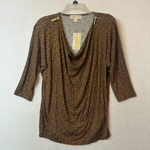 MICHAEL KORS Top shirt sz S brown chain equestrian print‎ gold zippers cowl neck